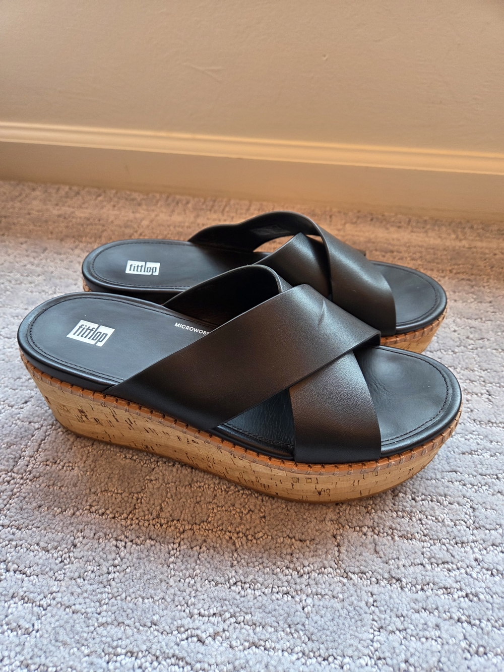 FitFlop Eloise Black Leather/Cork Wedge Croos Slide Sandals